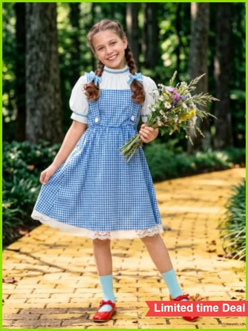 Girls Blue Gingham Storybook Costume Set Dress Socks Bows Basket Book Week
